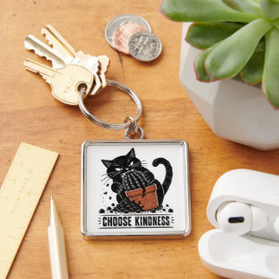 Funny Cat Choose Kindness Linocut Meme Key Ring