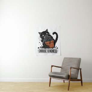 Funny Cat Choose Kindness Linocut Meme Tapestry