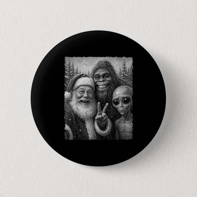 Funny Cat Christmas Bigfoot Alien Santa Snow Selfi 6 Cm Round Badge (Front)