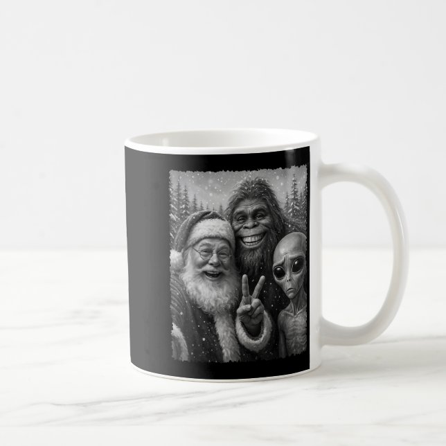 Funny Cat Christmas Bigfoot Alien Santa Snow Selfi Coffee Mug (Right)