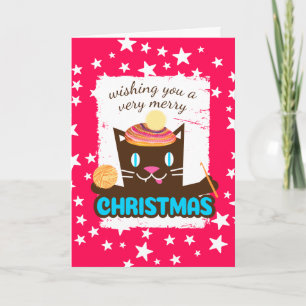 Funny cat Christmas hat crochet hook yarn Holiday Card