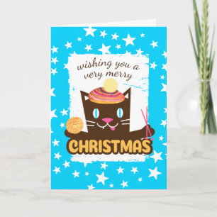 Funny cat Christmas hat knitting needles knitter Holiday Card