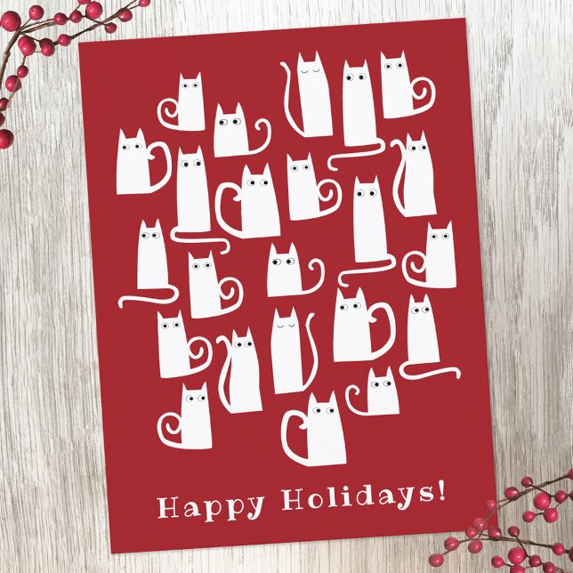 Funny Cat Christmas Holiday Postcard (Red and white cat fun holiday postcard)