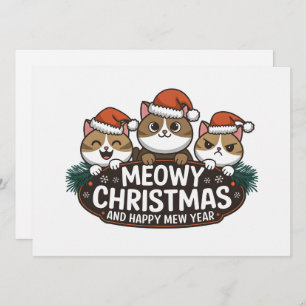 Funny cat christmas meow wearing christmas hat  holiday card