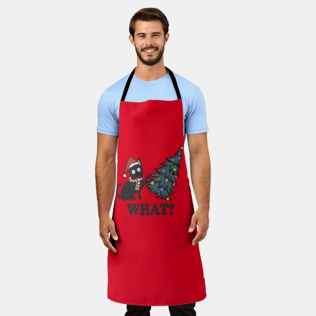 Funny Cat Christmas Red Long Apron (Worn)
