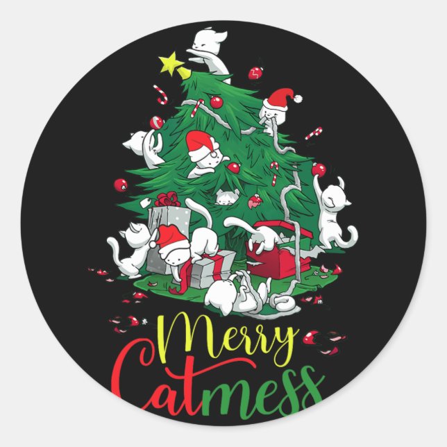 Funny Cat Christmas Tree Merry Catmess Cats Lover  Classic Round Sticker (Front)