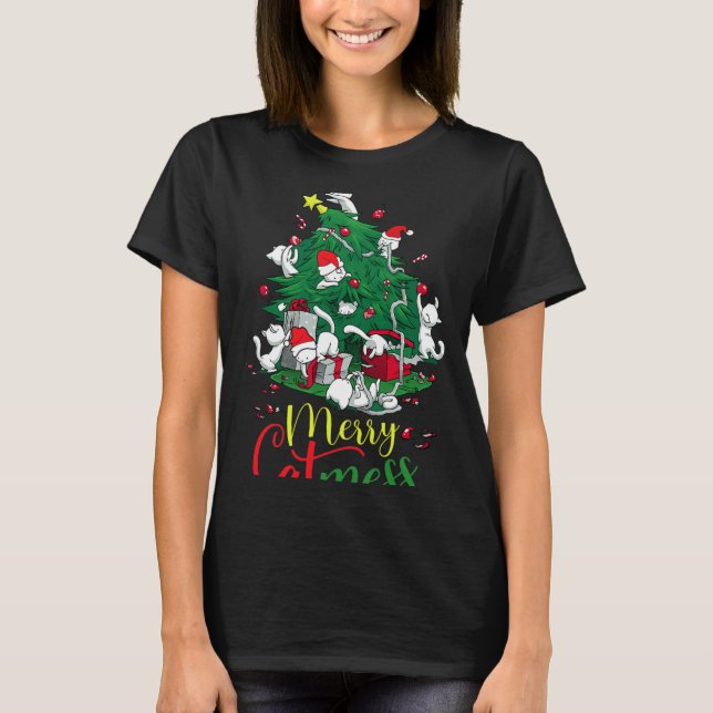 Funny Cat Christmas Tree Merry Catmess Cats Lover  T-Shirt (Front)