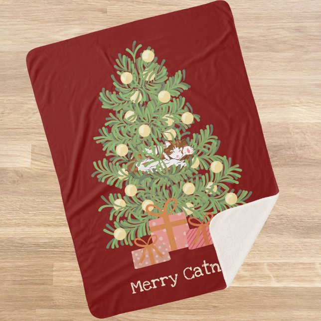 Funny Cat & Christmas Tree Merry Catnaps! Red Sherpa Blanket (Creator Uploaded)