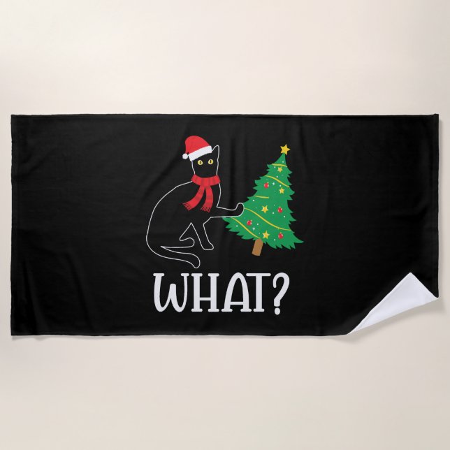 Funny Cat Christmas Tree over Cat What Beach Towel (Front)