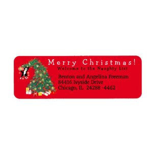 “Funny Cat Christmas Tree Red Return Address  Label