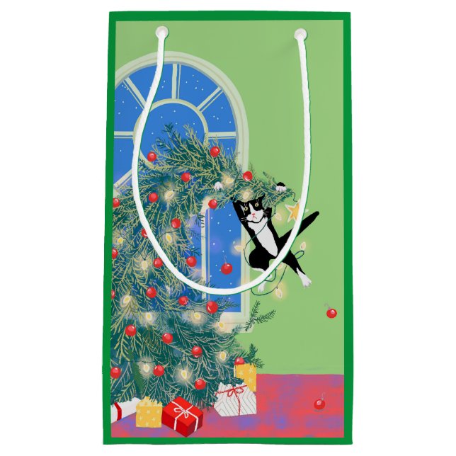 Funny Cat Christmas Tree Small Gift Bag (Front)