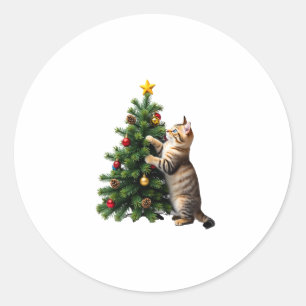 Funny Cat Christmas Tree Xmas Gifts Men Women Kids Classic Round Sticker