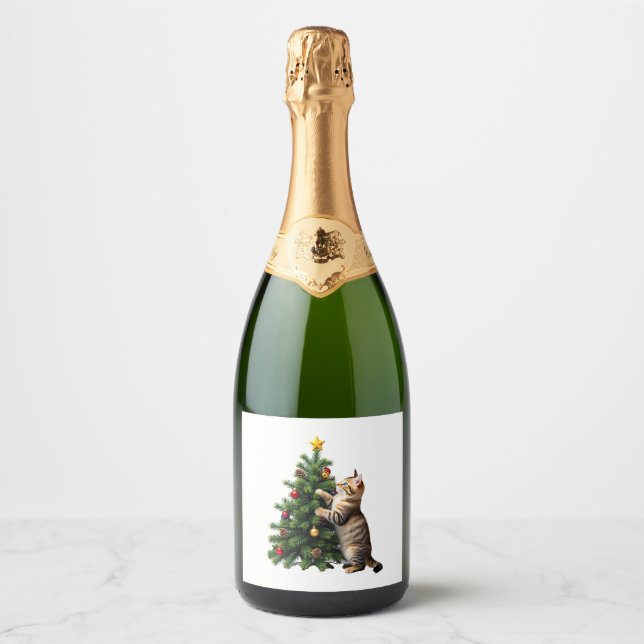 Funny Cat Christmas Tree Xmas Gifts Men Women Kids Sparkling Wine Label (Front)