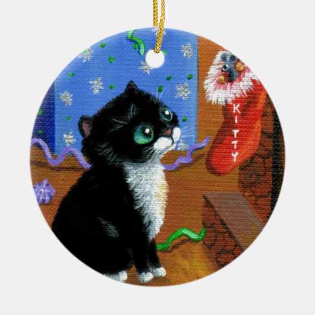 Funny Cat Christmas Tuxedo Kitten Mouse Ceramic Ornament (Front)