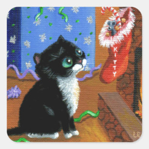 Funny Cat Christmas Tuxedo Kitten Mouse Square Sticker