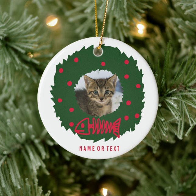 Funny Cat Christmas Wreath With Your Cat's Photo Ceramic Ornament (Tree)