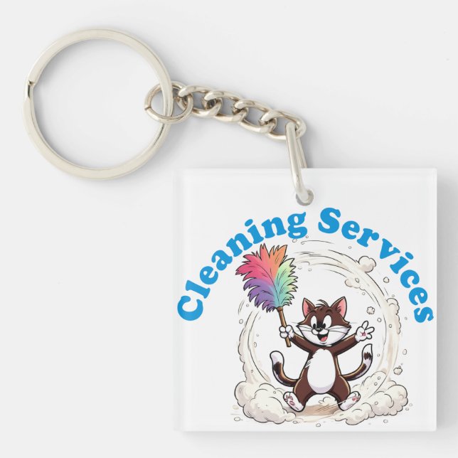 Funny Cat Cleaning with Colourful Feather Brusht Key Ring (Front)