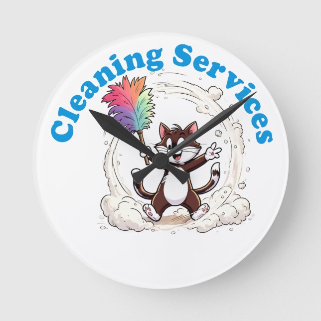 Funny Cat Cleaning with Colourful Feather Brusht Round Clock (Front)