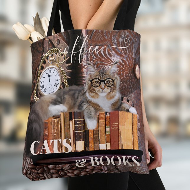 Funny Cat Coffee and Books Tote Bag (Tote bag featuring a funny cat with glasses on a steampunk background with books and coffee)