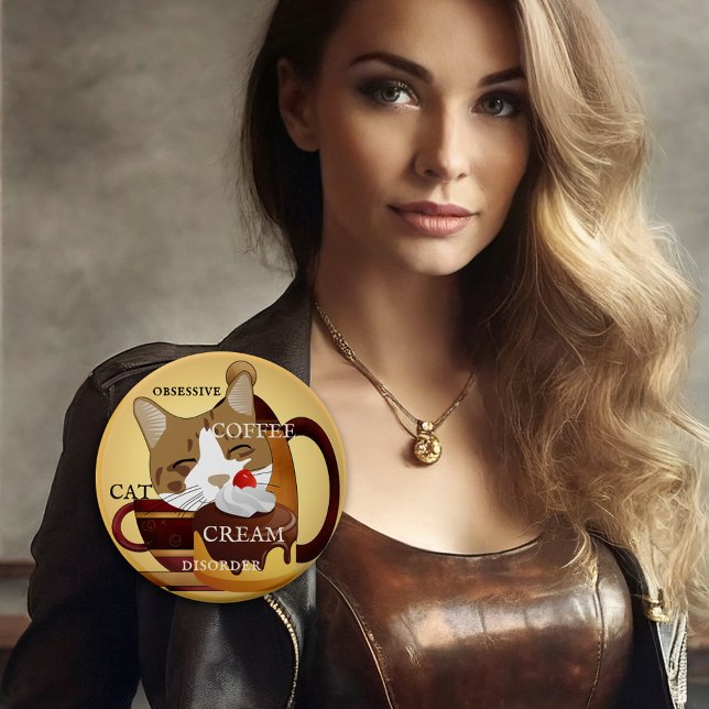 Funny Cat Coffee Cream Cupcake Button (Funny button with a cute kitty eating the cream of a cupcake against a coffee background)