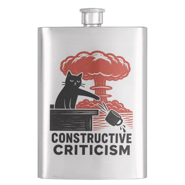 Funny Cat Constructive Criticism Linocut Meme Hip Flask (Front)