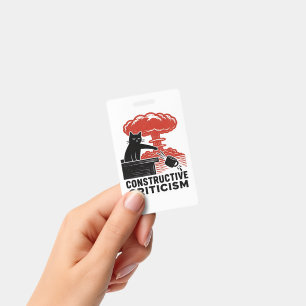 Funny Cat Constructive Criticism Linocut Meme ID Badge