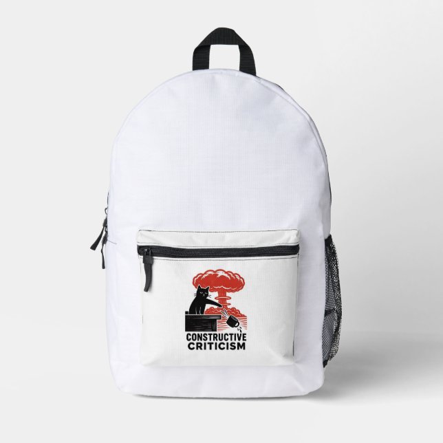 Funny Cat Constructive Criticism Linocut Meme Printed Backpack (Front)