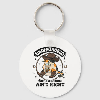 Funny Cat Cowboy Hat Iced Coffee Undiagnosed Menta Key Ring