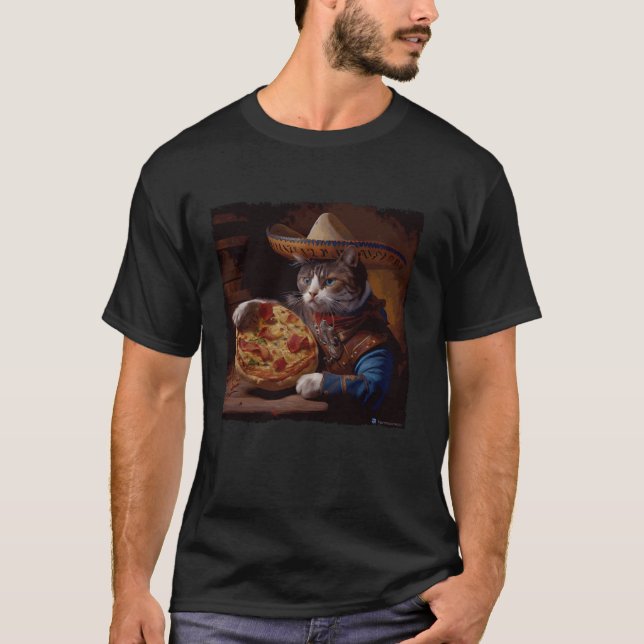 Funny Cat Cowboy Pizza T-Shirt (Front)