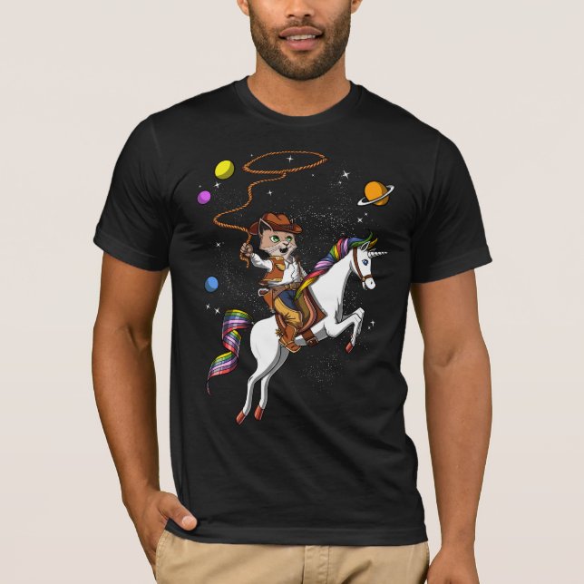 Funny Cat Cowboy Riding Unicorn Outer Space T-Shirt (Front)