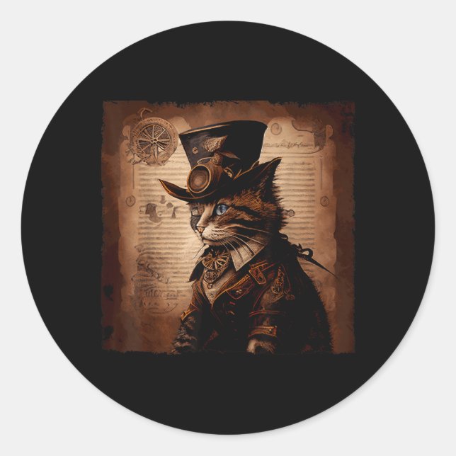 Funny Cat Cowboy Steampunk Classic Round Sticker (Front)