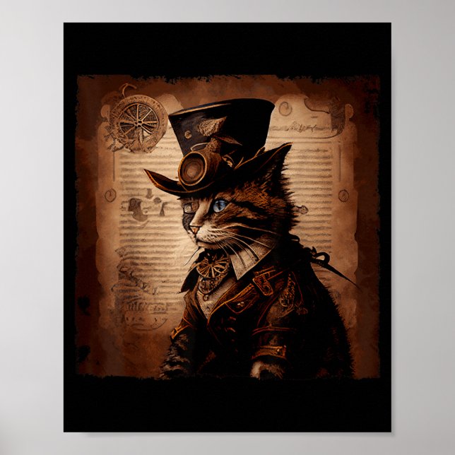 Funny Cat Cowboy Steampunk Poster (Front)