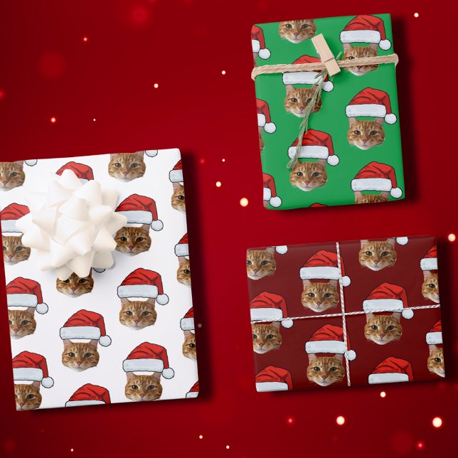 Funny Cat Custom Face Photo Santa Hat Christmas Wrapping Paper Sheet (Creator Uploaded)