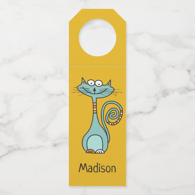 Funny Cat custom name & colour bottle hangers (Front)