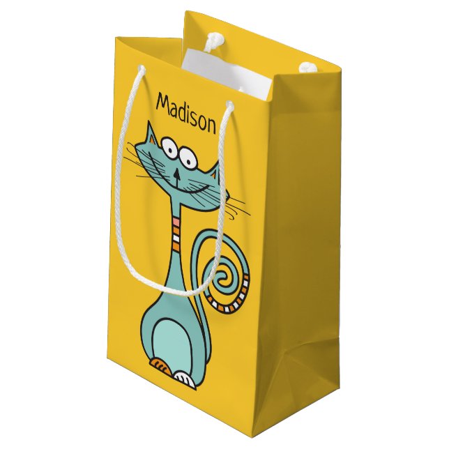 Funny Cat custom name & colour gift bags (Back Angled)