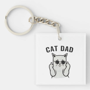 Funny Cat Dad Middle Finger Cat with Sunglasses Key Ring