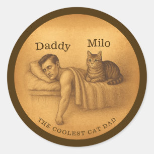 Funny Cat Dad Sleeping Illustration Classic Round Sticker