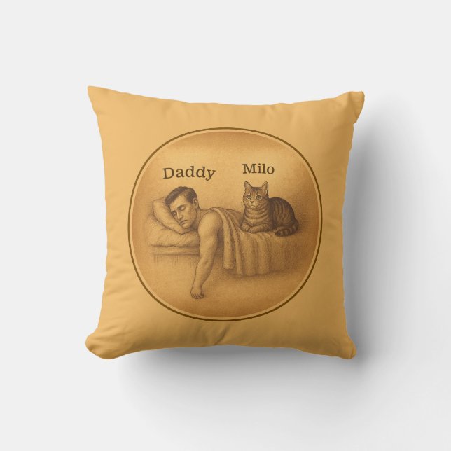 Funny Cat Dad Sleeping Illustration Cushion (Front)