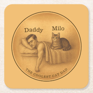 Funny Cat Dad Sleeping Illustration Square Paper Coaster