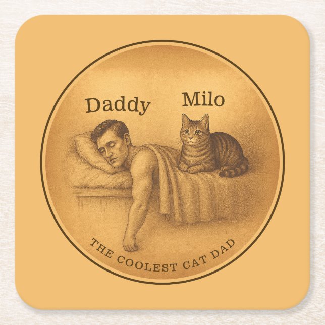 Funny Cat Dad Sleeping Illustration Square Paper Coaster (Front)