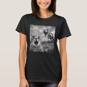Funny Cat Dinosaur Selfie Meme Shocked Cat Vs T R T-Shirt