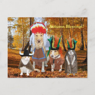 Funny Cat/Dog Indians for Autumn/Thanksgiving Holiday Postcard