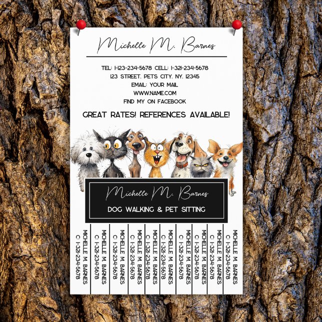 Funny Cat  Dog Walker Sitter Black White Tearoff Flyer (Creator Uploaded)