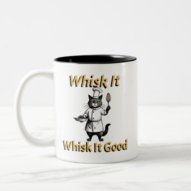 Funny Cat Dressed as a Chef Two-Tone Coffee Mug (Left)