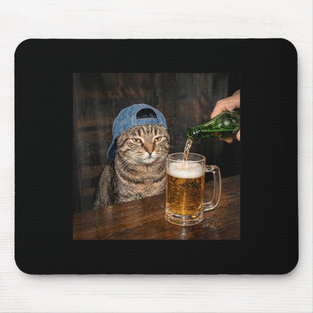 Funny Cat Drinking Beer Hat Graphic Unimpressed Mouse Pad (Front)
