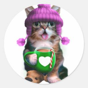 Funny cat drinking coffee classic round sticker