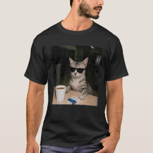 Funny Cat Drinking Coffee Sunglasses Animal Meme T-Shirt