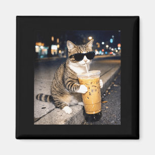 Funny cat drinking iced coffee animal meme for men magnet