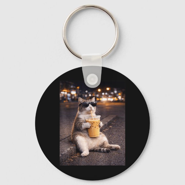 Funny Cat Drinking Iced Coffee Cats Lover Meme for Key Ring (Front)
