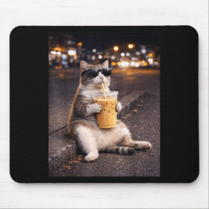 Funny Cat Drinking Iced Coffee Cats Lover Meme for Mouse Pad